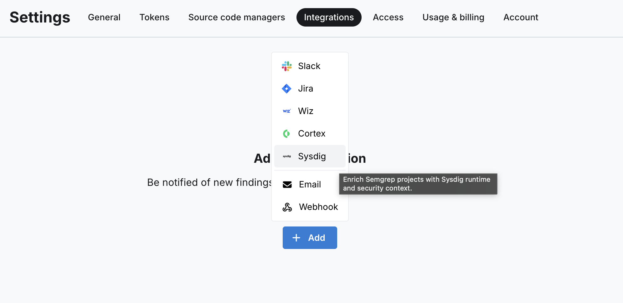 Add Sysdig Integration with No Integration